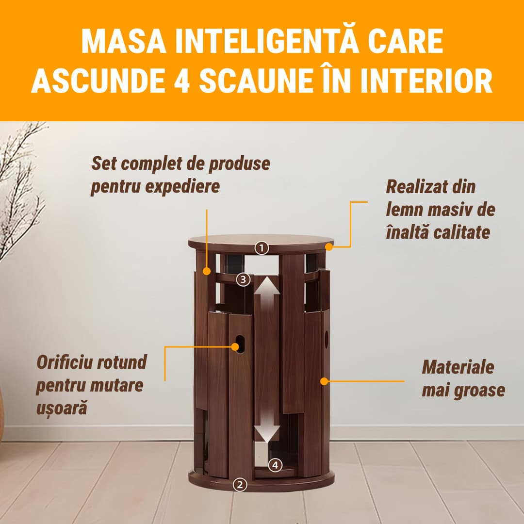 Quado™ - Măsuță multifuncțională 4-în-1 din lemn masiv cu taburete integrate - imagine 3